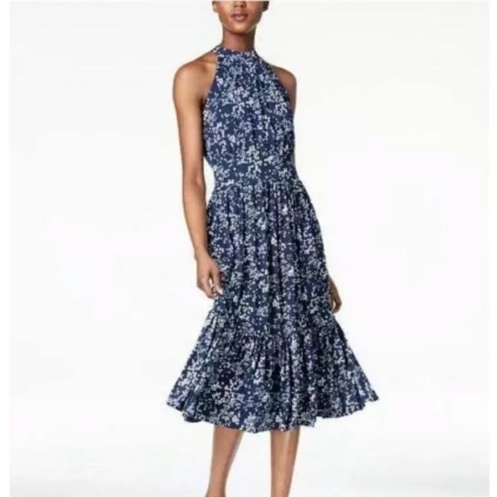 MICHAEL KORS Women's Blue Floral Halter Neck Midi Dress
